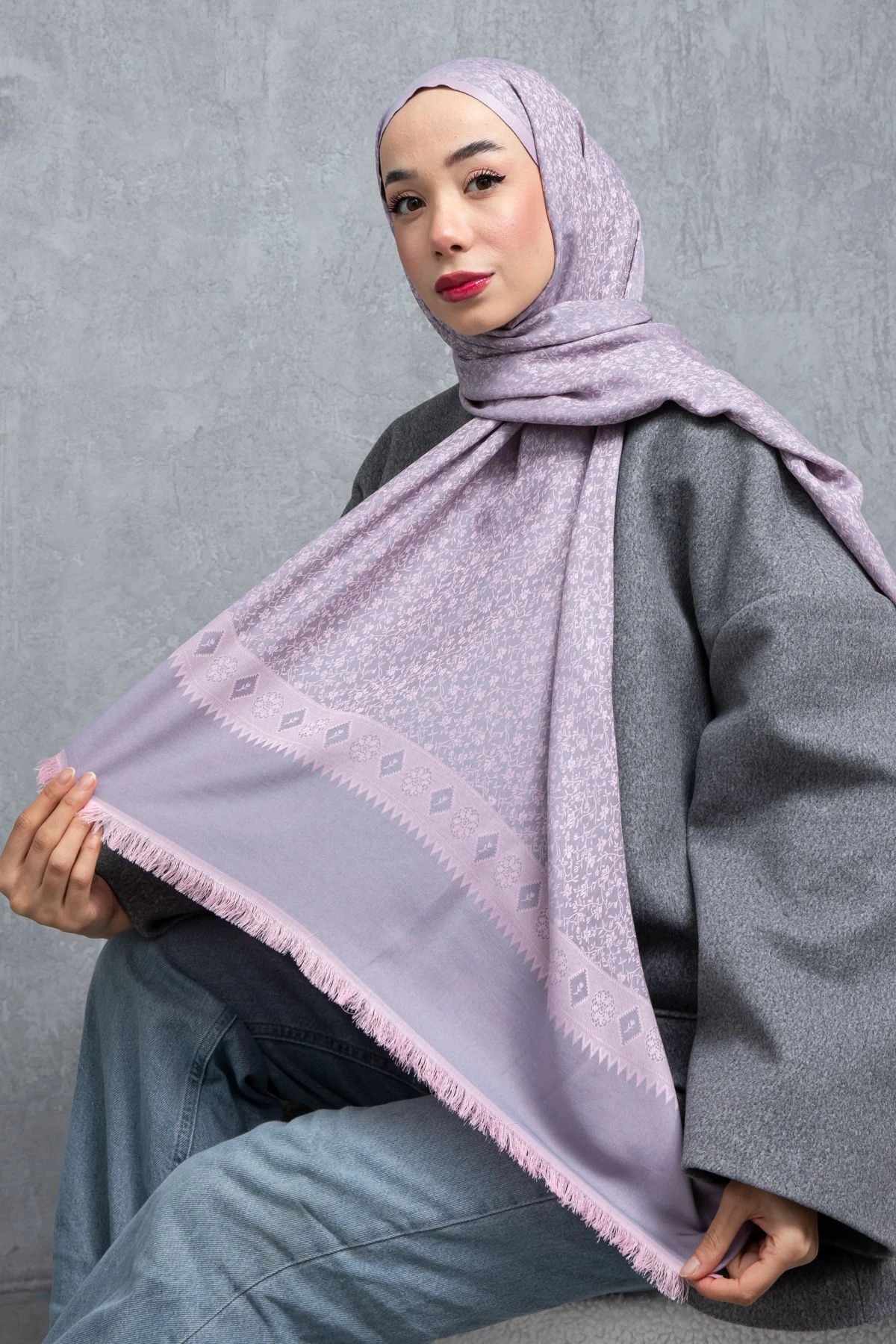 Çiçek Desenli Çift Traflı Kaşmir Şal Kadın Pembe - Lila