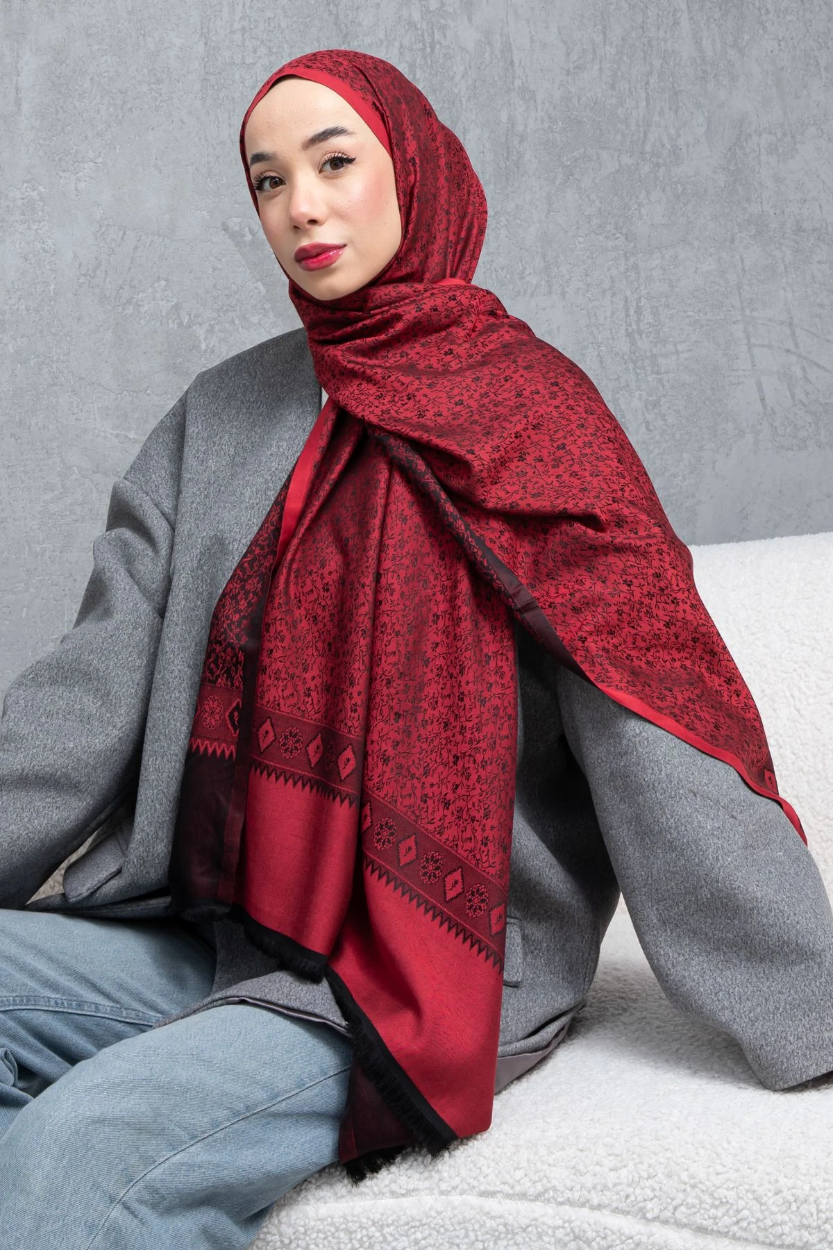 Çiçek Desenli Çift Traflı Kaşmir Şal Kadın Bordo-Siyah