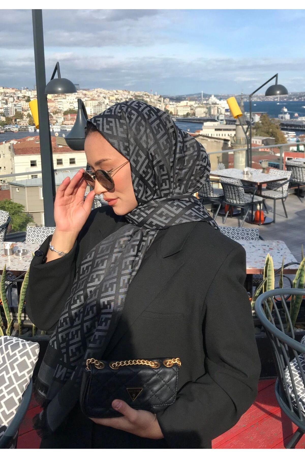 F Desen Kaşmir Ipek Şal Siyah Antrasit