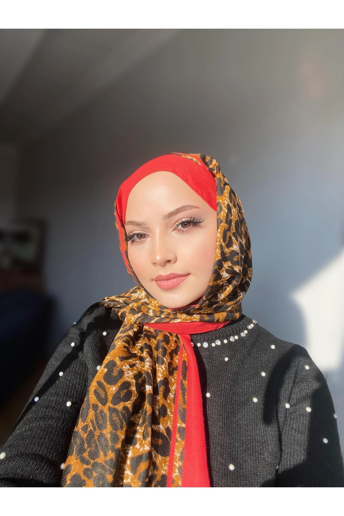 Leopar Desen Pamuk Şal Kırmızı
