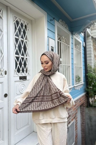 D Desen Çift Taraflı İpek Kaşmir Şal Kahverengi