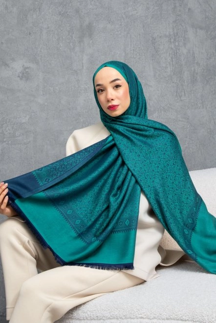 Çiçek Desenli Çift Traflı Kaşmir Şal Kadın Lacivert-Petrol