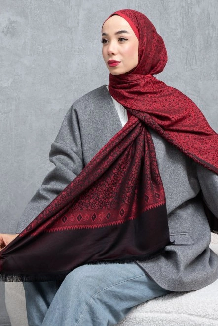 Çiçek Desenli Çift Traflı Kaşmir Şal Kadın Bordo-Siyah