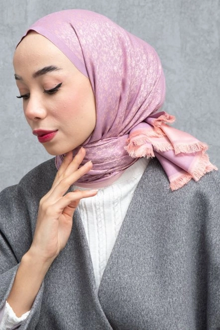 Çiçek Desenli Çift Traflı Kaşmir Şal Kadın Pembe-Somon