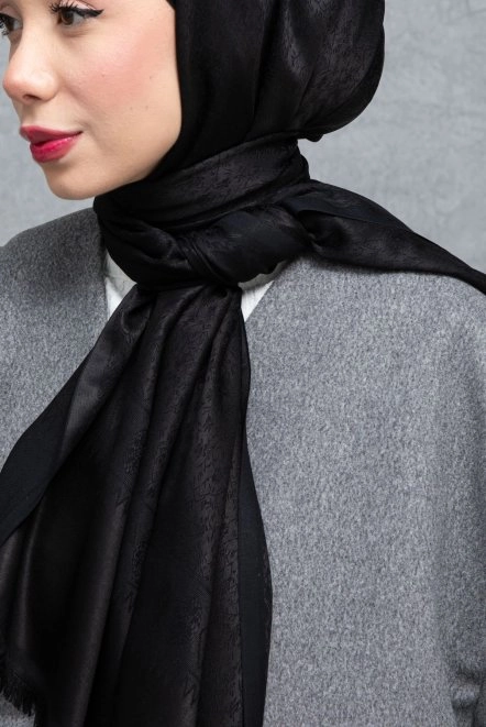 Çiçek Desenli Çift Traflı Kaşmir Şal Kadın Siyah Ottmn04