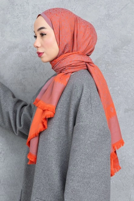 Çiçek Desenli Çift Traflı Kaşmir Şal Kadın Turuncu-Lila