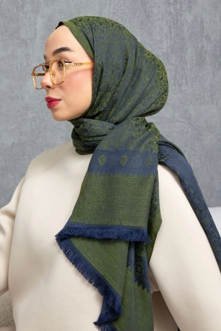 Çiçek Desenli Çift Traflı Kaşmir Şal Kadın Haki-Lacivert