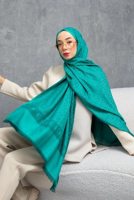 Çiçek Desenli Çift Traflı Kaşmir Şal Kadın Yeşil