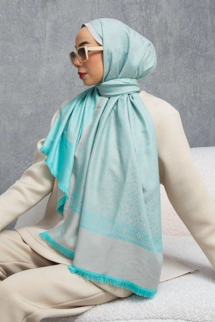 Çiçek Desenli Çift Traflı Kaşmir Şal Kadın Bej-Yeş