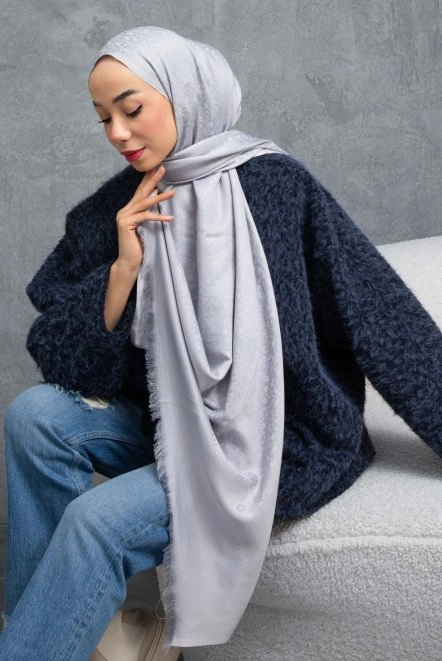 Çiçek Desenli Çift Traflı Kaşmir Şal Kadın Gri