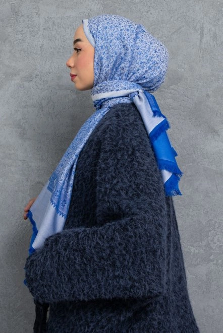 Çiçek Desenli Çift Traflı Kaşmir Şal Kadın Mavi-Gri