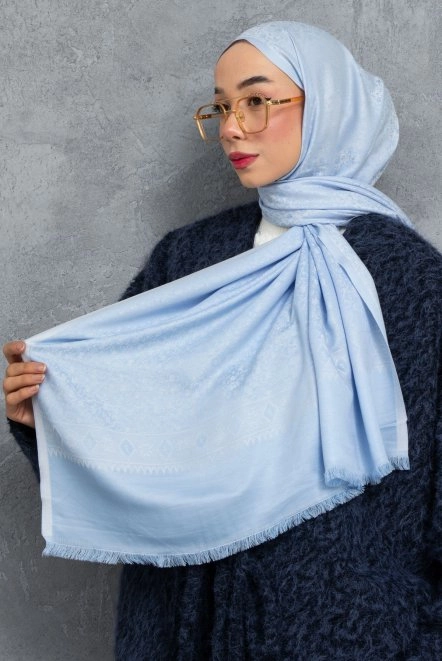 Çiçek Desenli Çift Traflı Kaşmir Şal Kadın Bebe Mavi