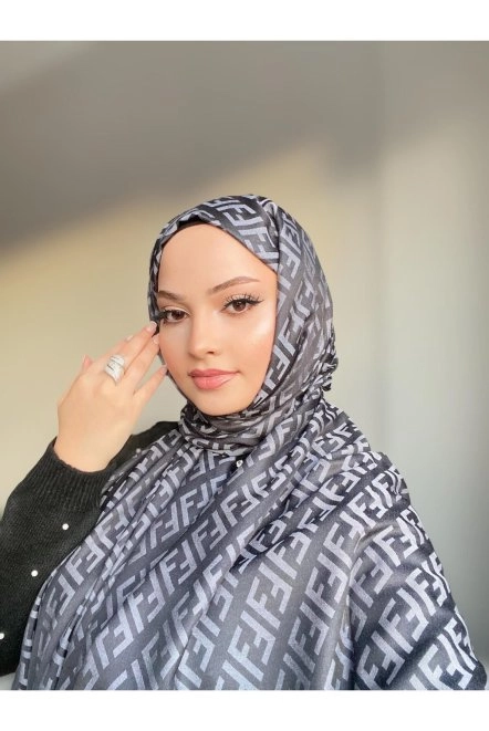 F Desenli Çift Taraflı Kaşmir Ipek Şal Si̇yah Antrasit