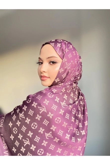 LV Desenli Çift Taraflı Kaşmir Ipek Şal Mor Vi̇zon