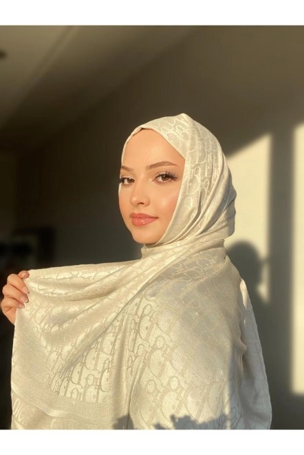 D Desen Çift Taraflı Kaşmir Ipek Şal Krem Bej