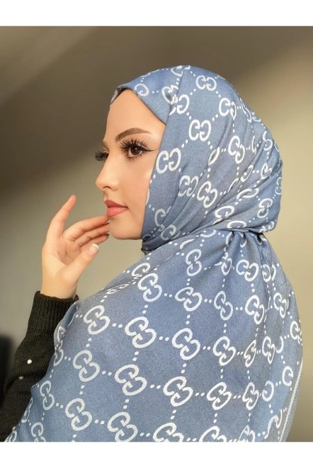 G Desenli Çift Taraflı Kaşmir Ipek Şal Gri̇ Mavi̇
