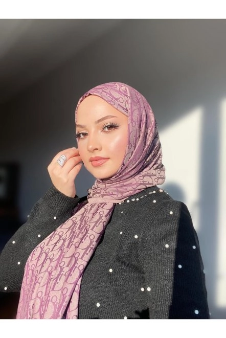 D Desen Çift Taraflı Kaşmir Ipek Şal Vi̇zon Mor