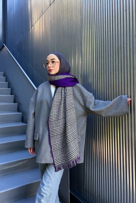 Çift Taraflı Omuz Şalı Yünlü Kışlık Kadın Mor Omuzşal13