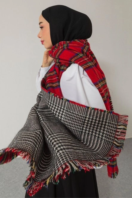 Çift Taraflı Omuz Şalı Yünlü Kışlık Kadın Kırmızı Ekose Omuzşal16