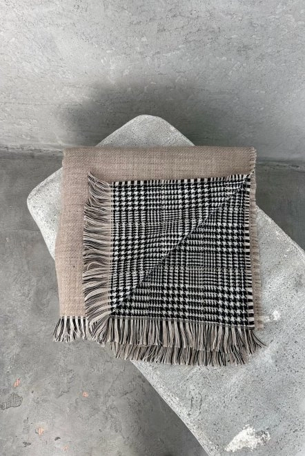 Çift Taraflı Omuz Şalı Yünlü Kışlık Kadın Bej Omuzşal5