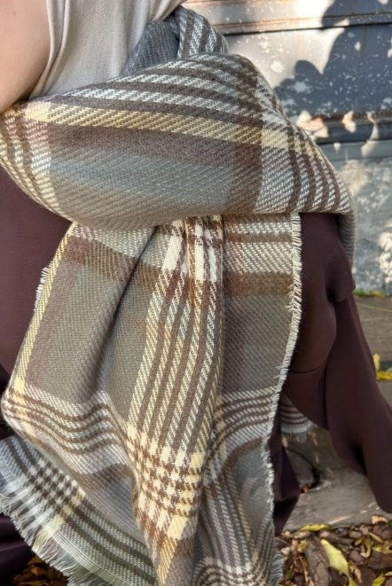 Çift Taraflı Yünlü Kışlık Omuz Şalı Kahverengi Omzşal3