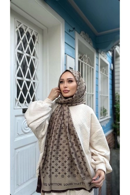 LV Desen Bej-Kahve Çift Taraflı Şal