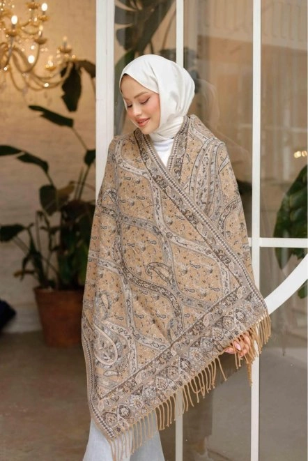 Kaşmir Omuz Şal Krem Bej Siyah 54