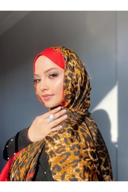 Leopar Desen Pamuk Şal Kırmızı