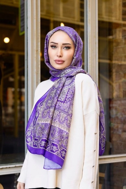 Retro Desen Pamuk Şal Kadın 190 X 75 Cm Mor - Vizon Rtro1