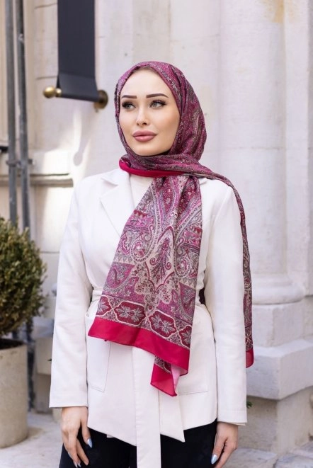 Retro Desenli Şal Bordo