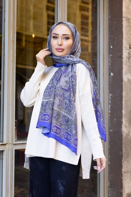 Retro Desenli Şal Lacivert