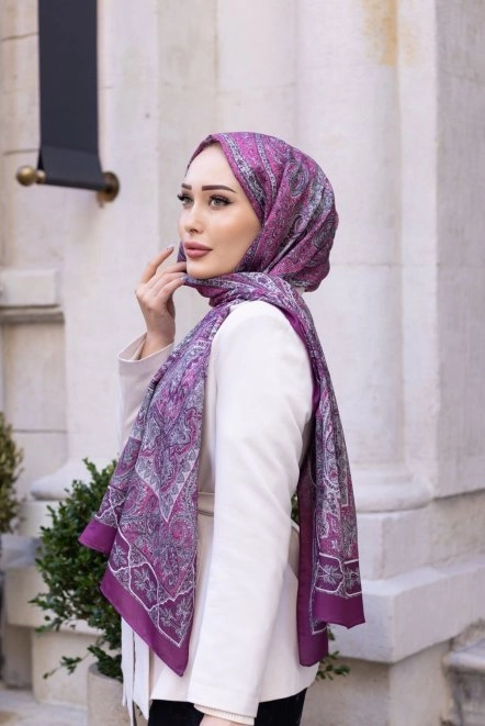 Retro Desenli Şal Mor