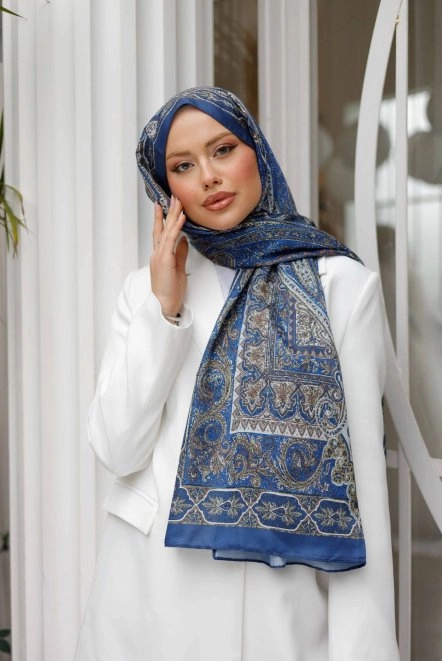 Retro Desenli Şal Turkuaz