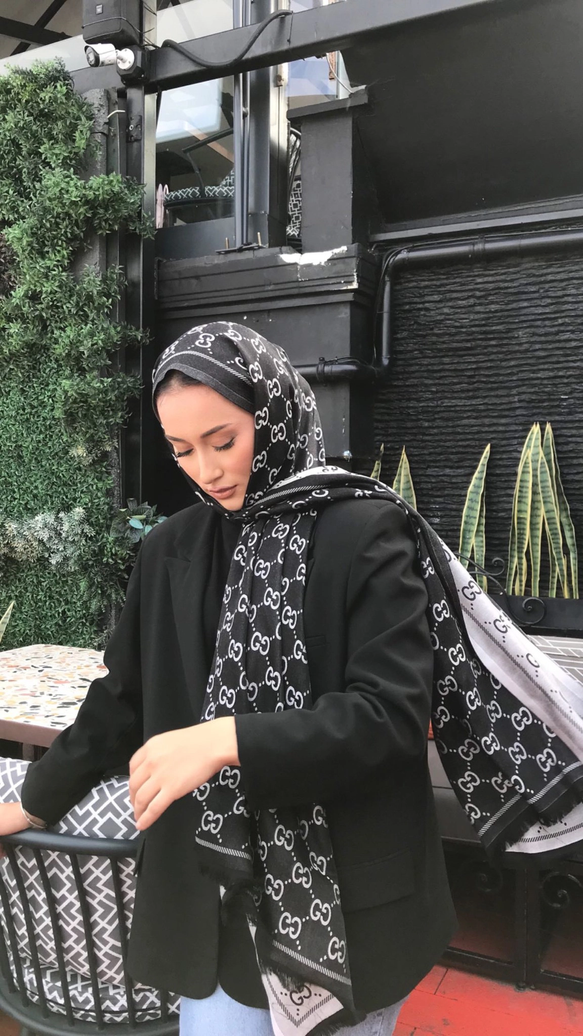 Çift Taraflı Kaşmir Ipek Şal Siyah Gri Kaşmirşal0739