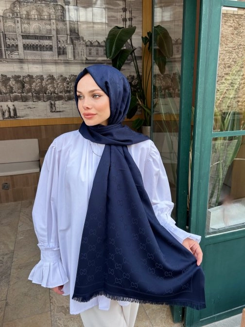 G Desenli İpek Kaşmir Çift Taraflı Şal Lacivert