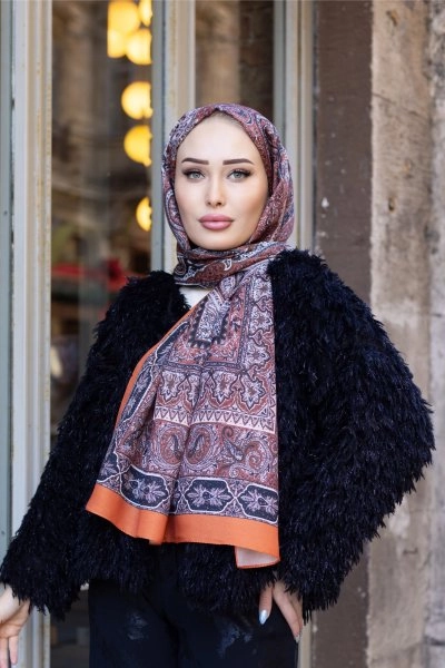 Retro Desenli Şal Turuncu