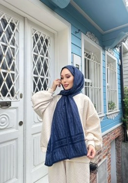 D Desen Çift Traflı Kaşmir Şal Lacivert