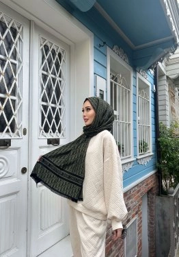 D Desen Çift Traflı Kaşmir Şal Haki