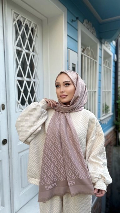 F Desen Çift Taraflı Kaşmir İpek Şal  Pempe Bej