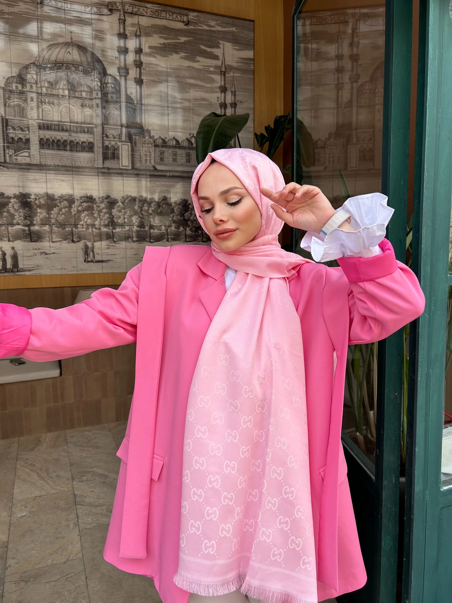 G Desenli Çift Taraflı Kaşmir Şal Şeker Pembe