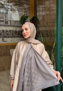 G Desenli Çift Taraflı Kaşmir Şal Gri Bej