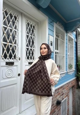 G Desenli Çift Taraflı Kaşmir Şal Kahve Bej