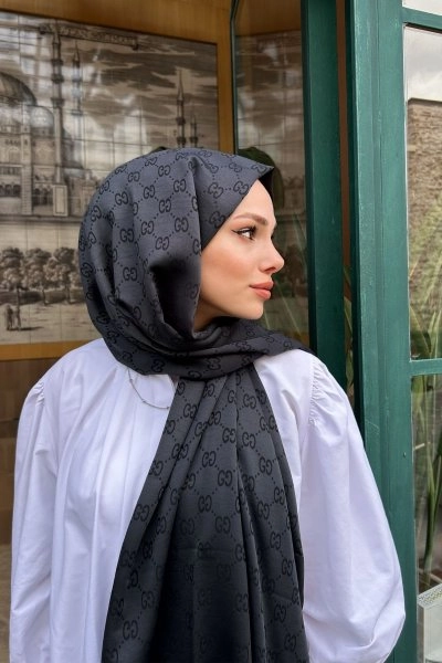 G Desenli Çift Taraflı Kaşmir Şal Siyah