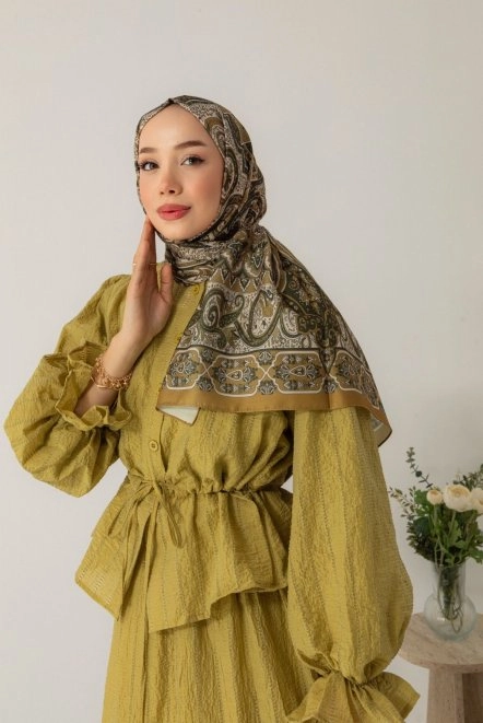 Retro Desenli Pamuk Şal Kadın Hardal